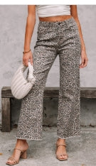 Brown Leopard Frayed Edge Wide Leg High Waist Jeans