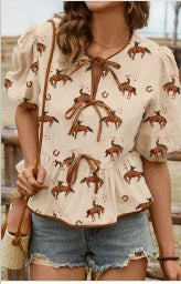 Cowboy Print Puff Sleeve Bowknot Peplum Blouse